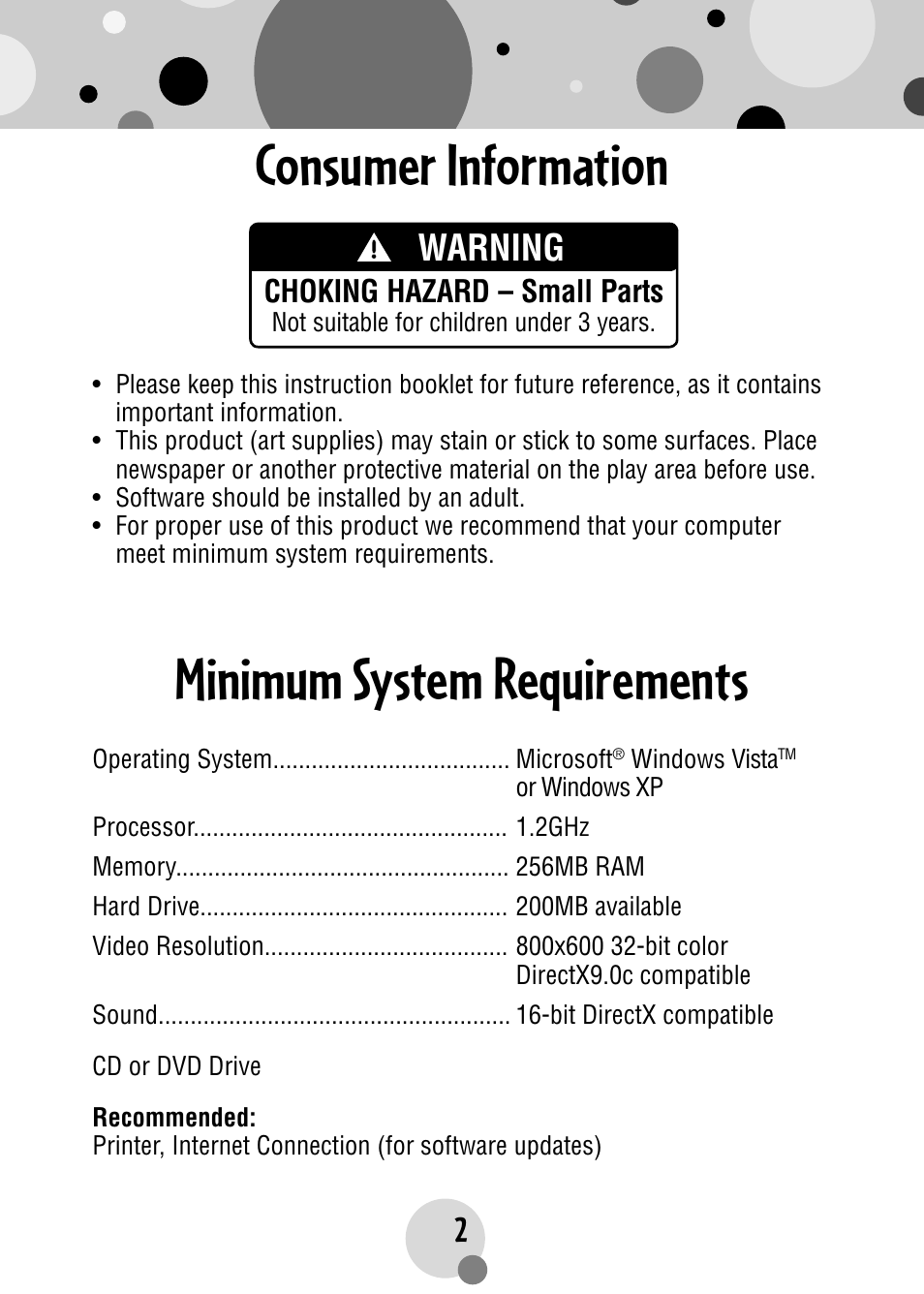 Minimum system requirements consumer information, Warning | Fisher-Price PLAYMYWAY R4567 User Manual | Page 2 / 12