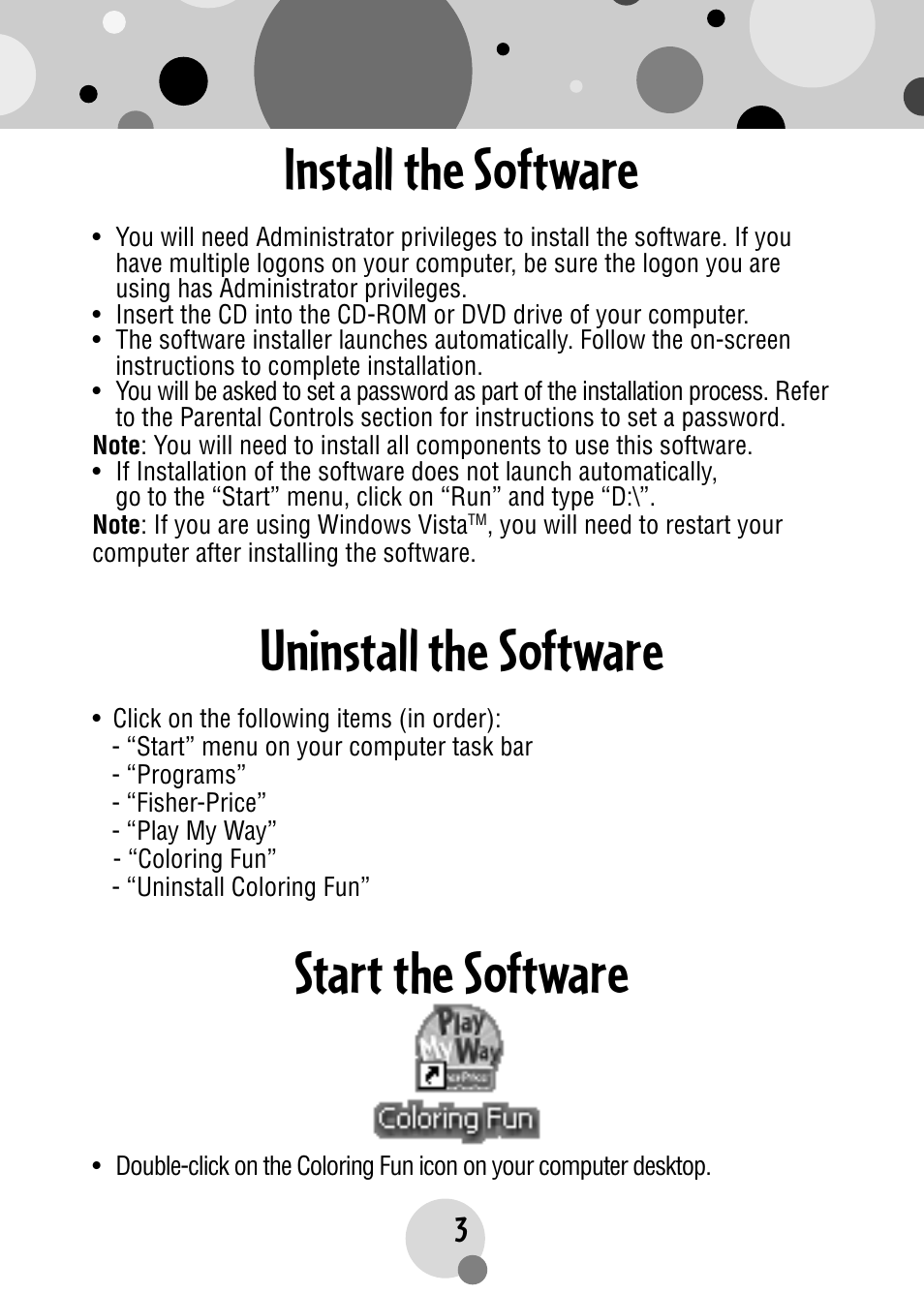 Install the software, Uninstall the software start the software | Fisher-Price PLAYMYWAY R4567 User Manual | Page 3 / 12