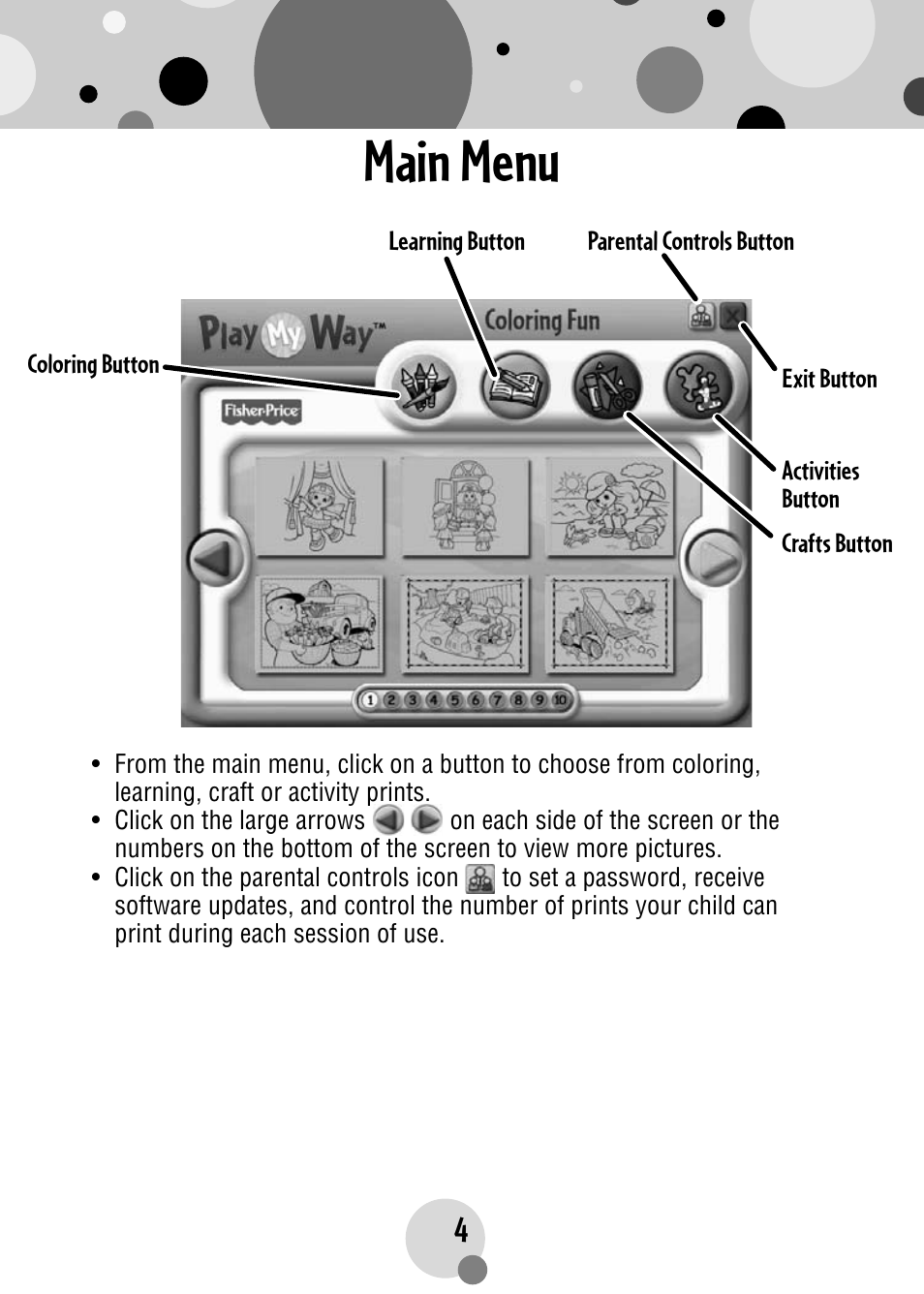 Main menu | Fisher-Price PLAYMYWAY R4567 User Manual | Page 4 / 12