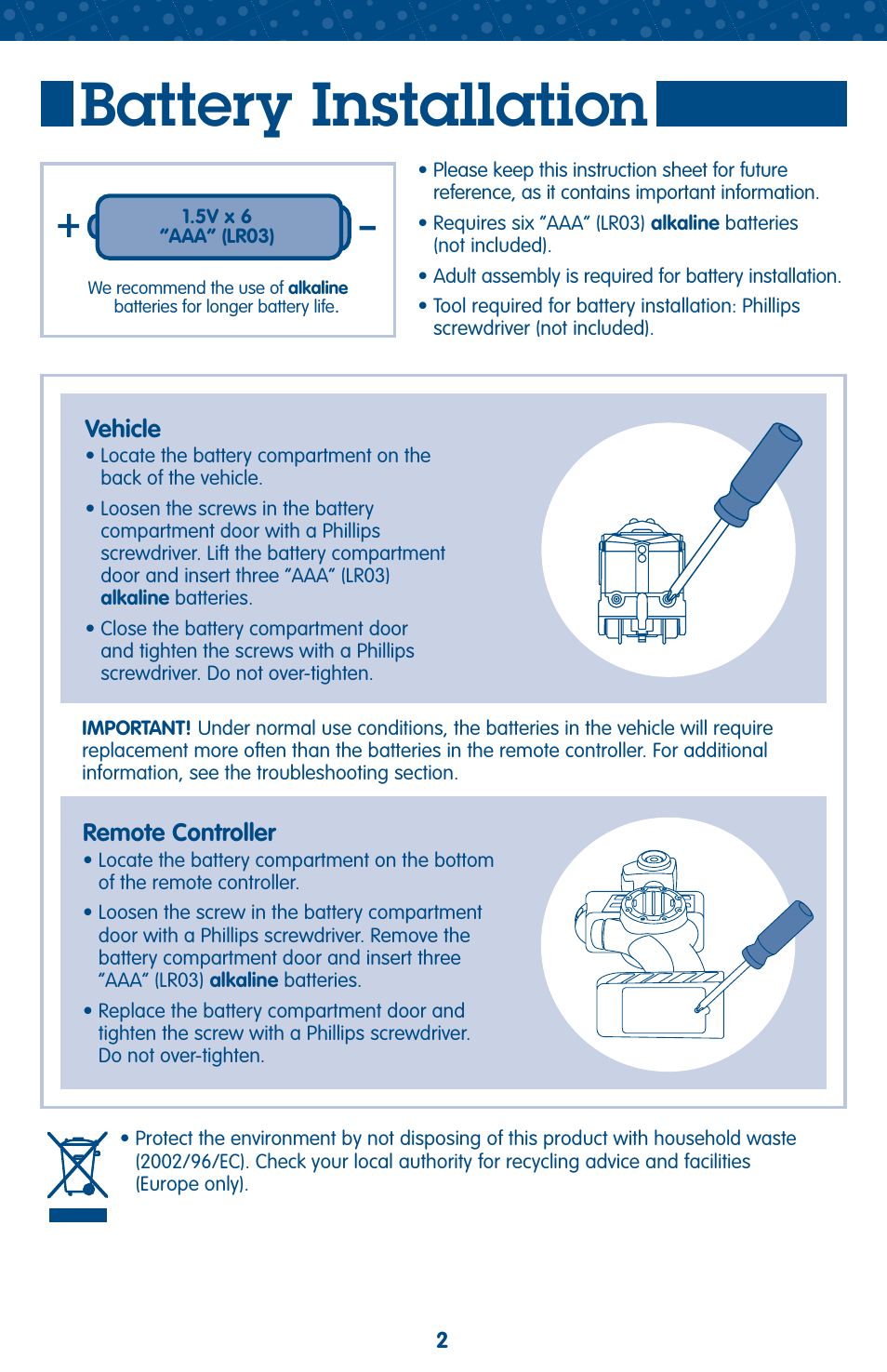 Battery installation | Fisher-Price GEO TRAX L4799 User Manual | Page 2 / 6