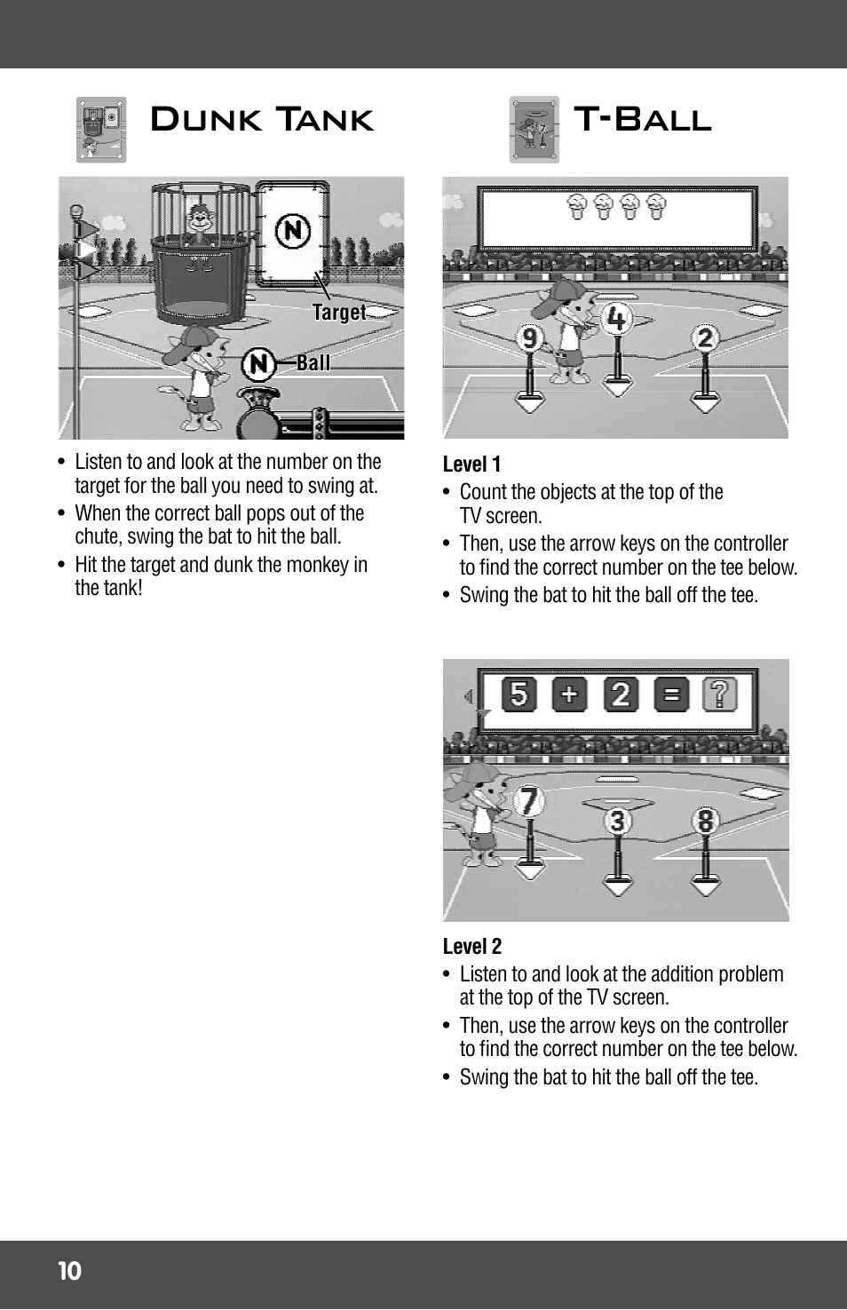 Dunk tank, T-ball | Fisher-Price 3-IN-1 SMART SPORTS! R9701 User Manual | Page 10 / 16