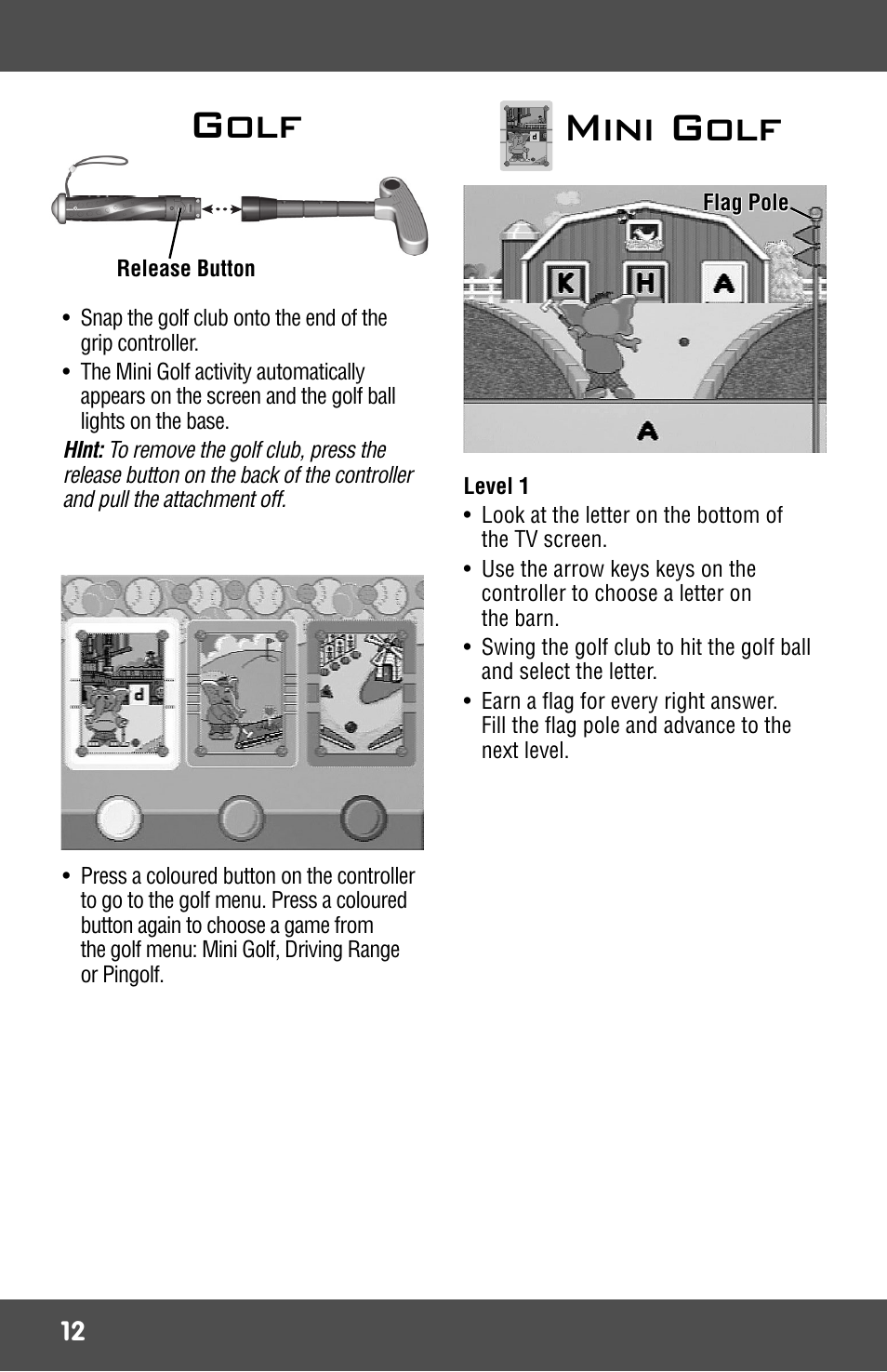 Golf, Mini golf | Fisher-Price 3-IN-1 SMART SPORTS! R9701 User Manual | Page 12 / 16