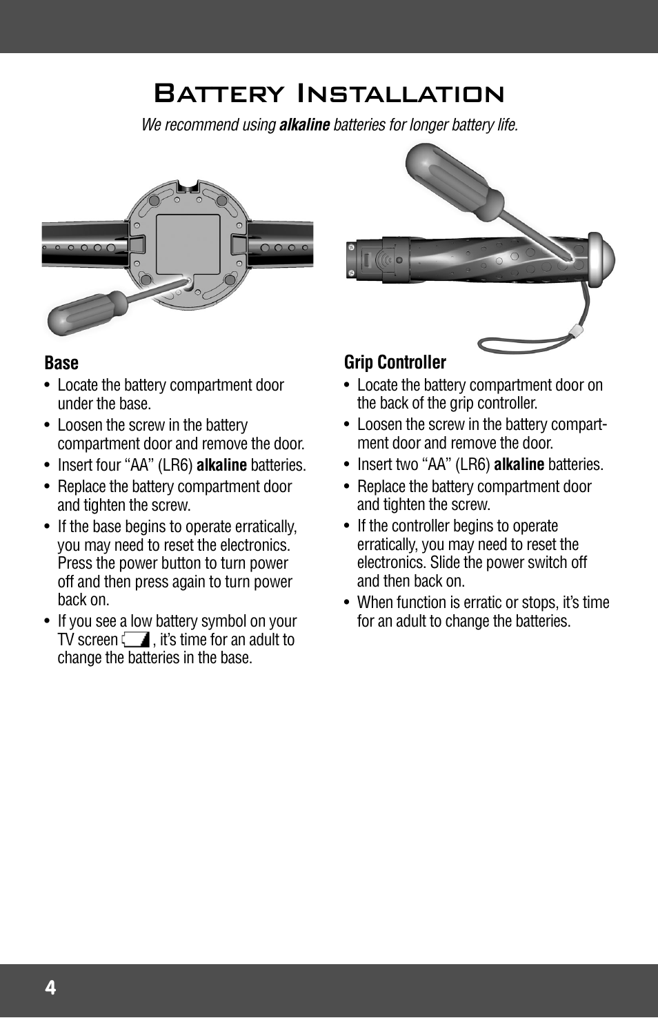 Battery installation | Fisher-Price 3-IN-1 SMART SPORTS! R9701 User Manual | Page 4 / 16