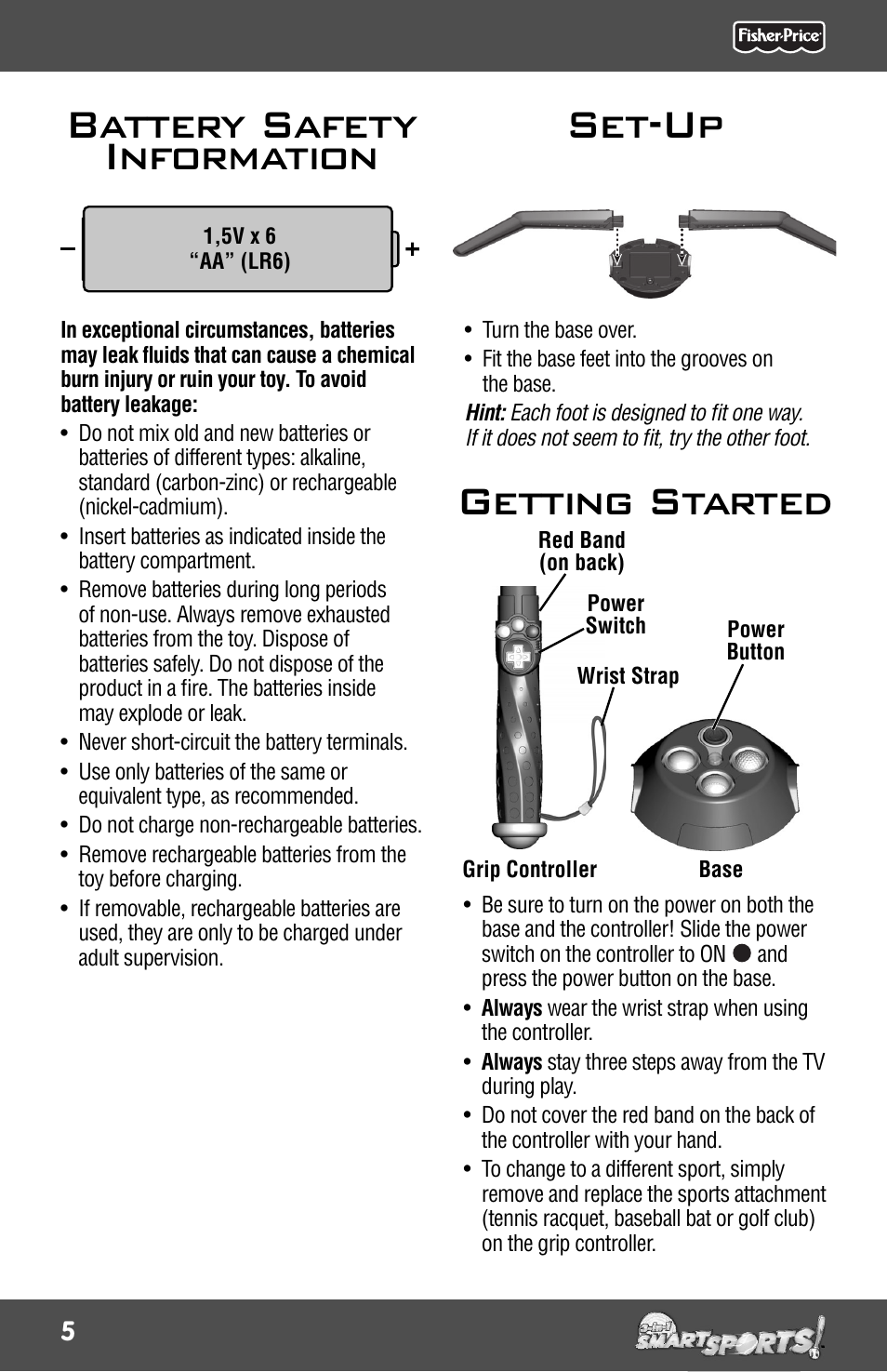 Set-up battery safety information, Getting started | Fisher-Price 3-IN-1 SMART SPORTS! R9701 User Manual | Page 5 / 16