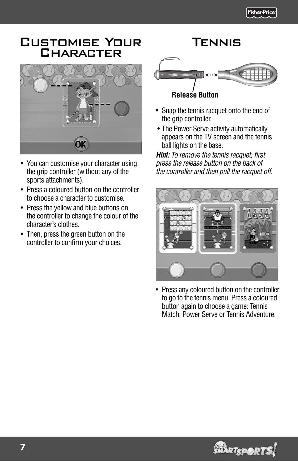 Customise your character, Tennis | Fisher-Price 3-IN-1 SMART SPORTS! R9701 User Manual | Page 7 / 16