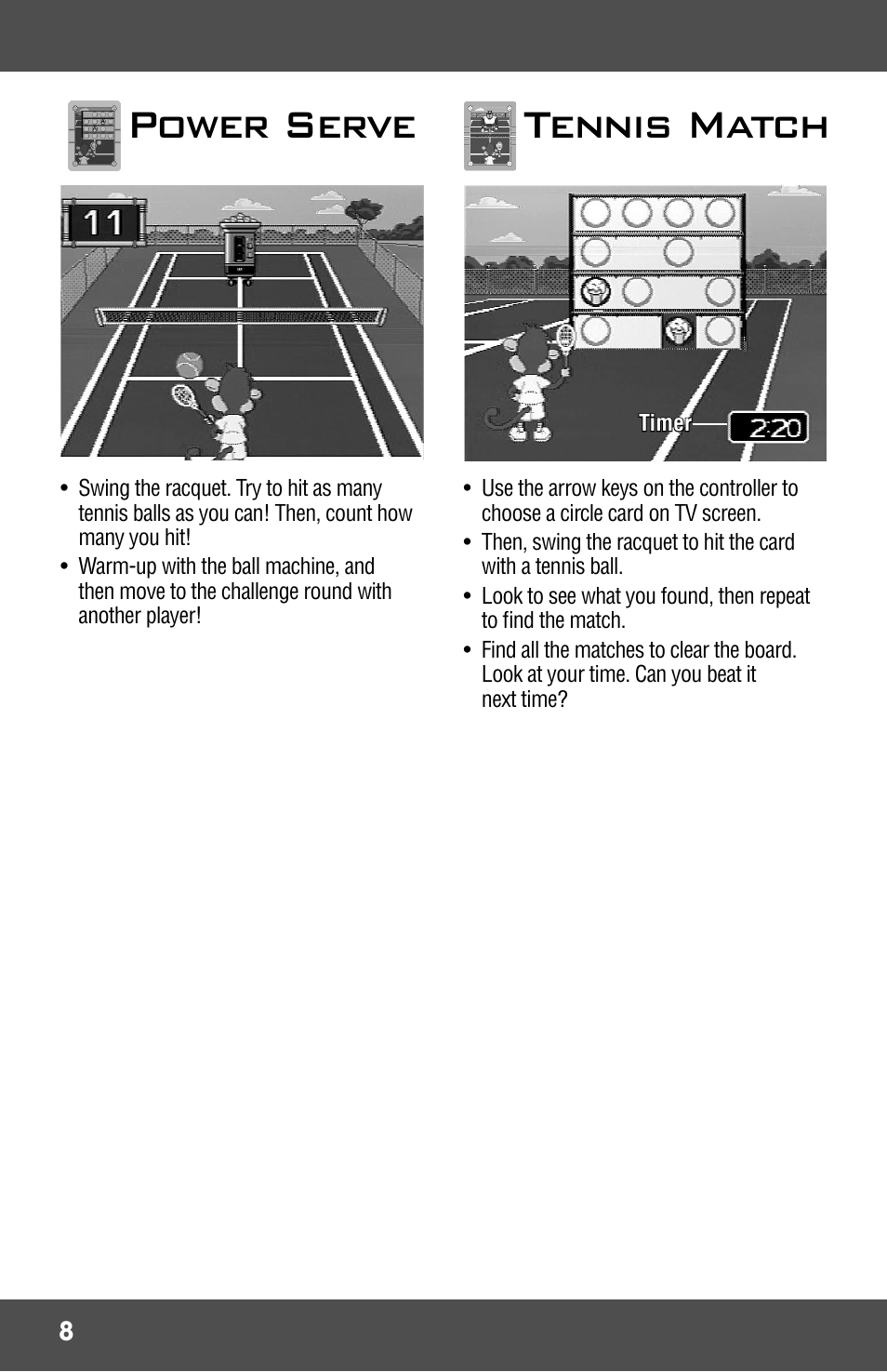 Power serve, Tennis match | Fisher-Price 3-IN-1 SMART SPORTS! R9701 User Manual | Page 8 / 16