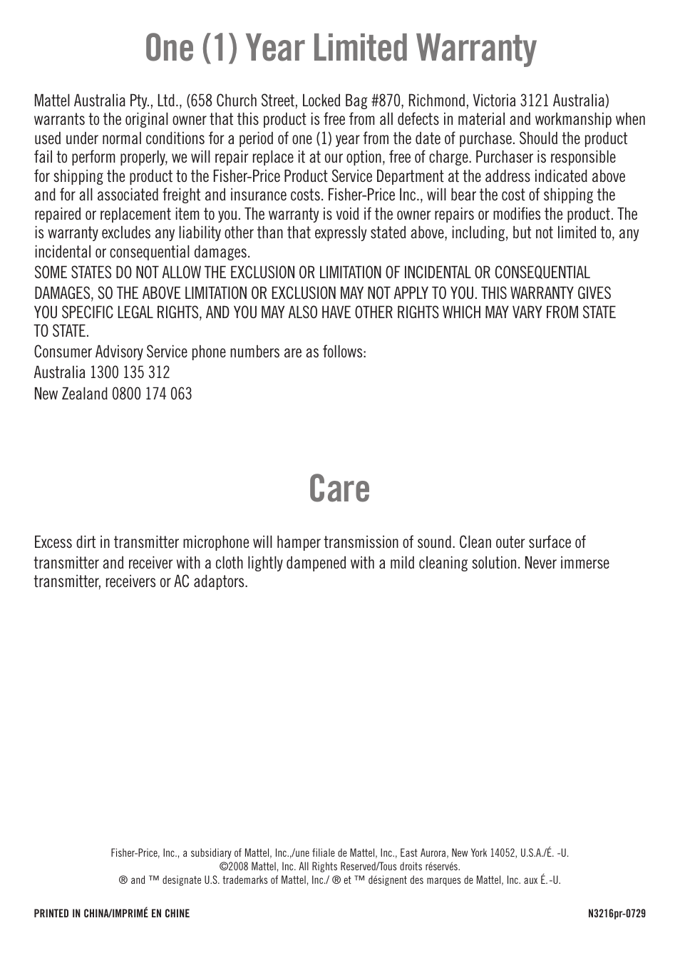 One (1) year limited warranty, Care | Fisher-Price N3216 User Manual | Page 16 / 16