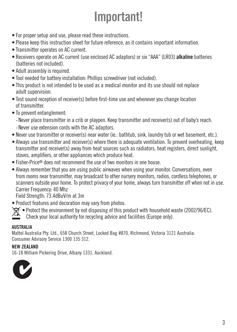 Important | Fisher-Price N3216 User Manual | Page 3 / 16