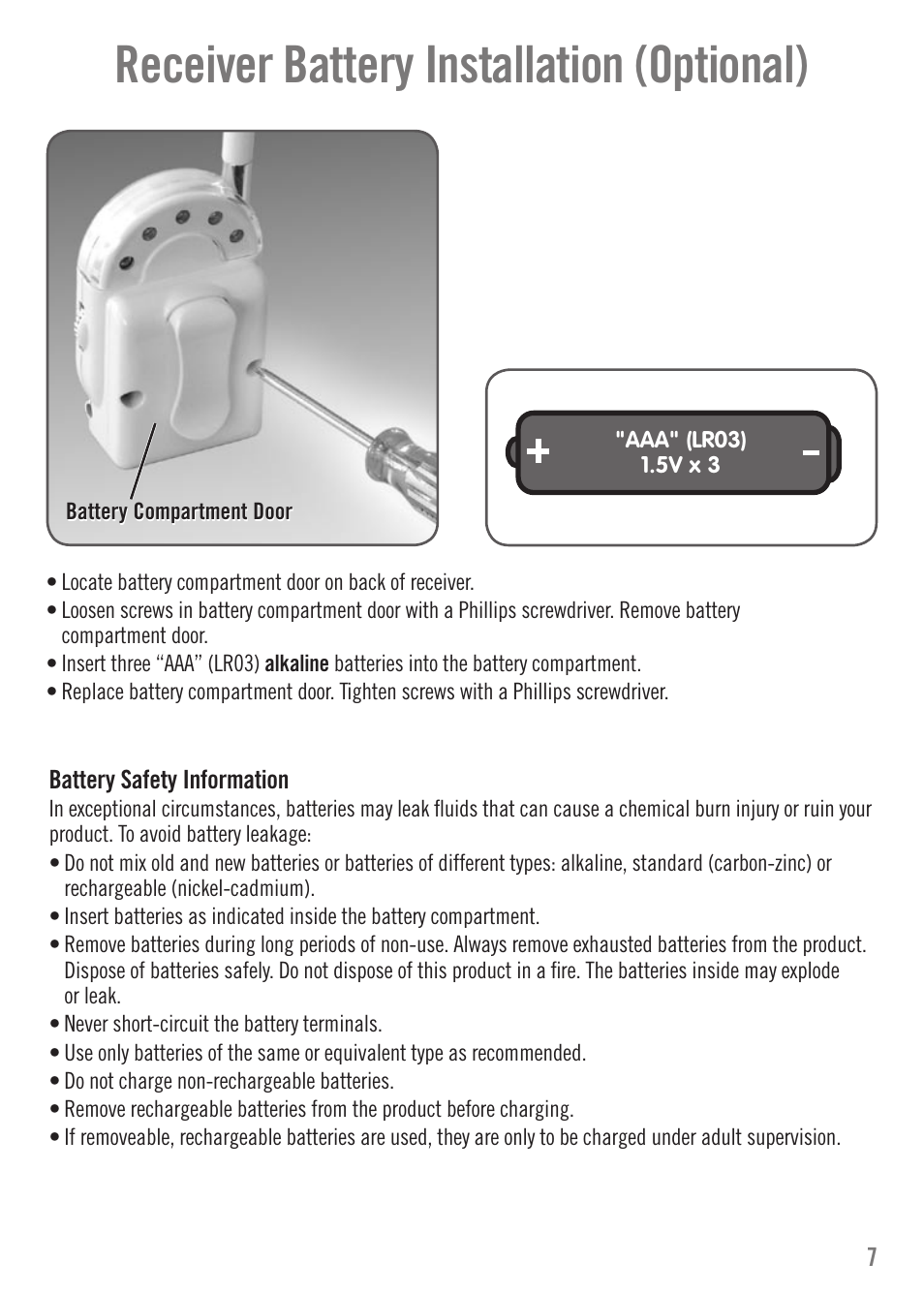 Receiver battery installation (optional) | Fisher-Price N3216 User Manual | Page 7 / 16