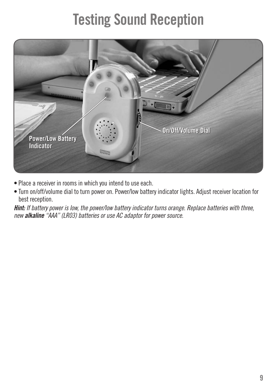 Testing sound reception | Fisher-Price N3216 User Manual | Page 9 / 16