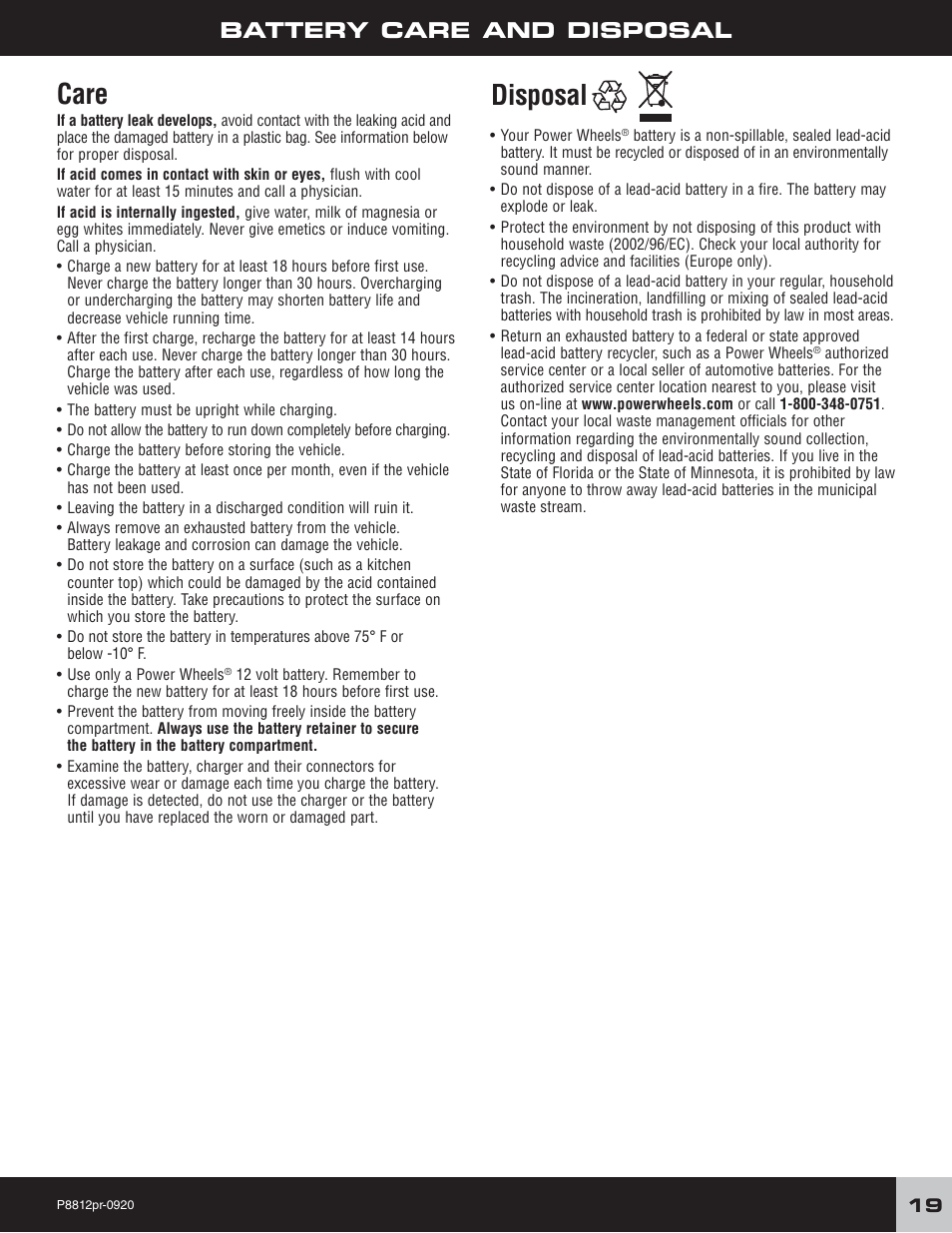 Care, Disposal, Battery care and disposal | Fisher-Price P8812 User Manual | Page 19 / 28