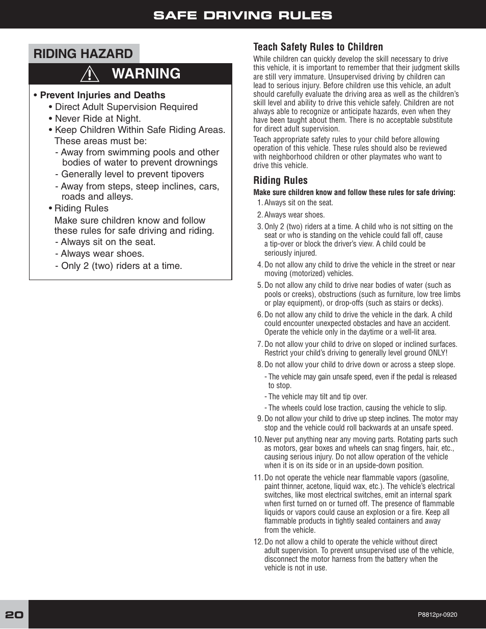 Warning, Riding hazard, Safe driving rules | Fisher-Price P8812 User Manual | Page 20 / 28