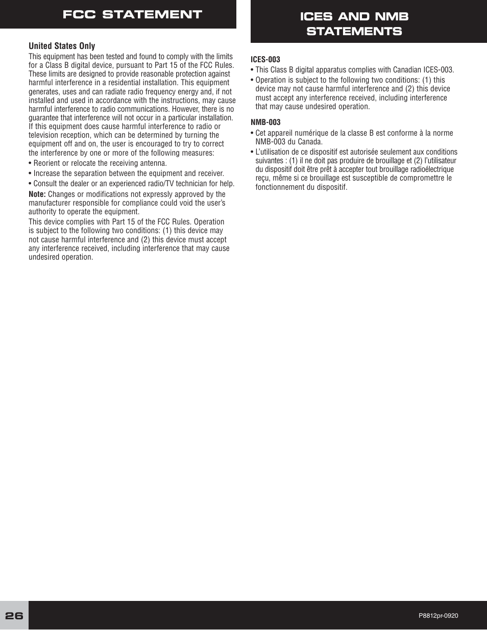 Fcc statement ices and nmb statements | Fisher-Price P8812 User Manual | Page 26 / 28