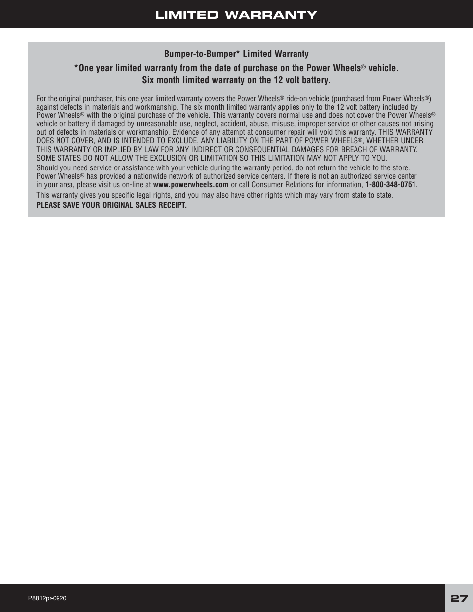 Limited warranty | Fisher-Price P8812 User Manual | Page 27 / 28
