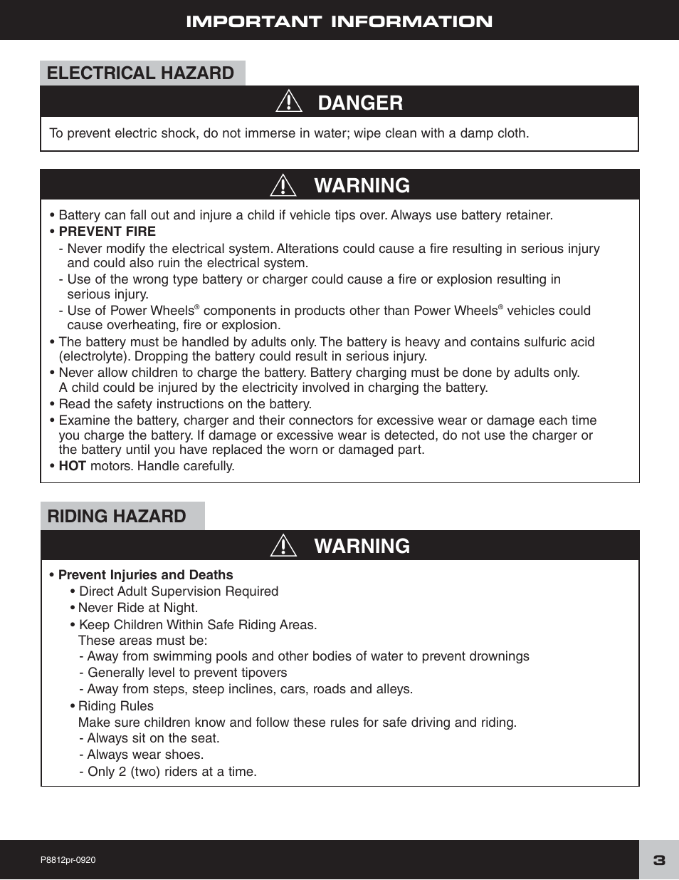Warning, Danger, Electrical hazard | Riding hazard | Fisher-Price P8812 User Manual | Page 3 / 28