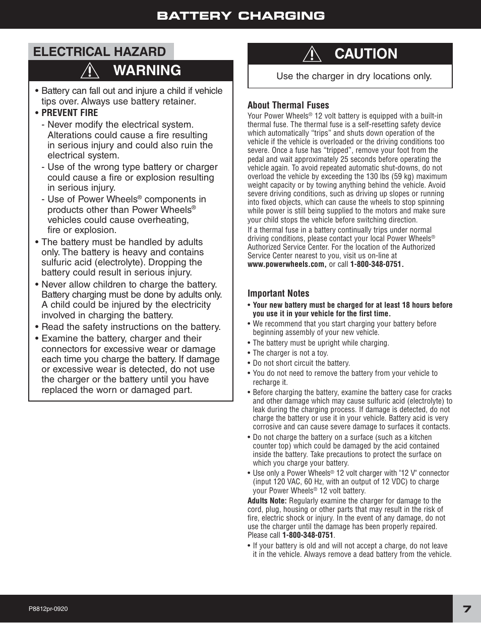 Caution, Warning, Electrical hazard | Battery charging | Fisher-Price P8812 User Manual | Page 7 / 28
