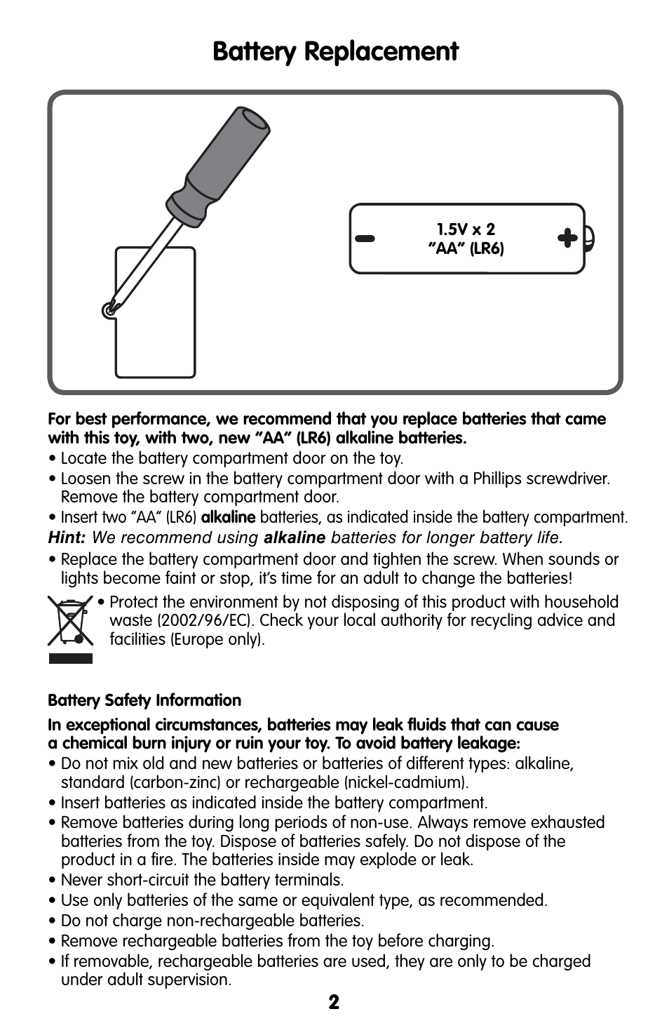 Battery replacement | Fisher-Price LITTLE PEOPLE L3940 User Manual | Page 2 / 4