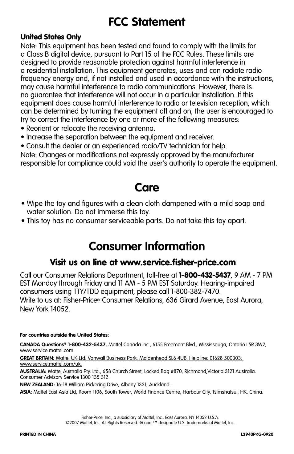 Care consumer information fcc statement | Fisher-Price LITTLE PEOPLE L3940 User Manual | Page 4 / 4