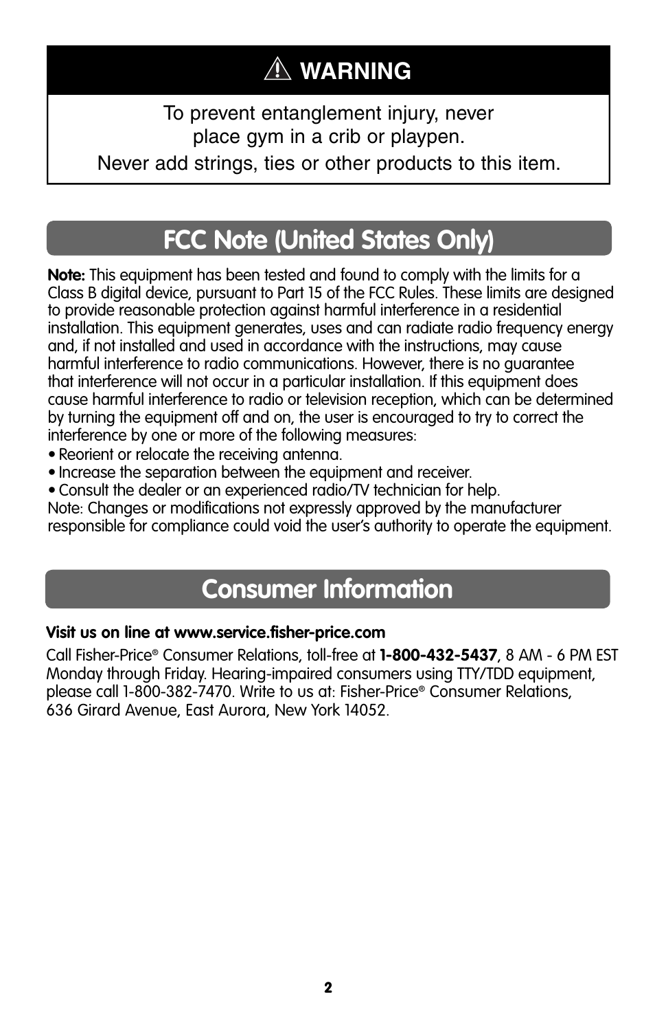 Consumer information, Warning | Fisher-Price KICK'N CRAWL H8094 User Manual | Page 2 / 8