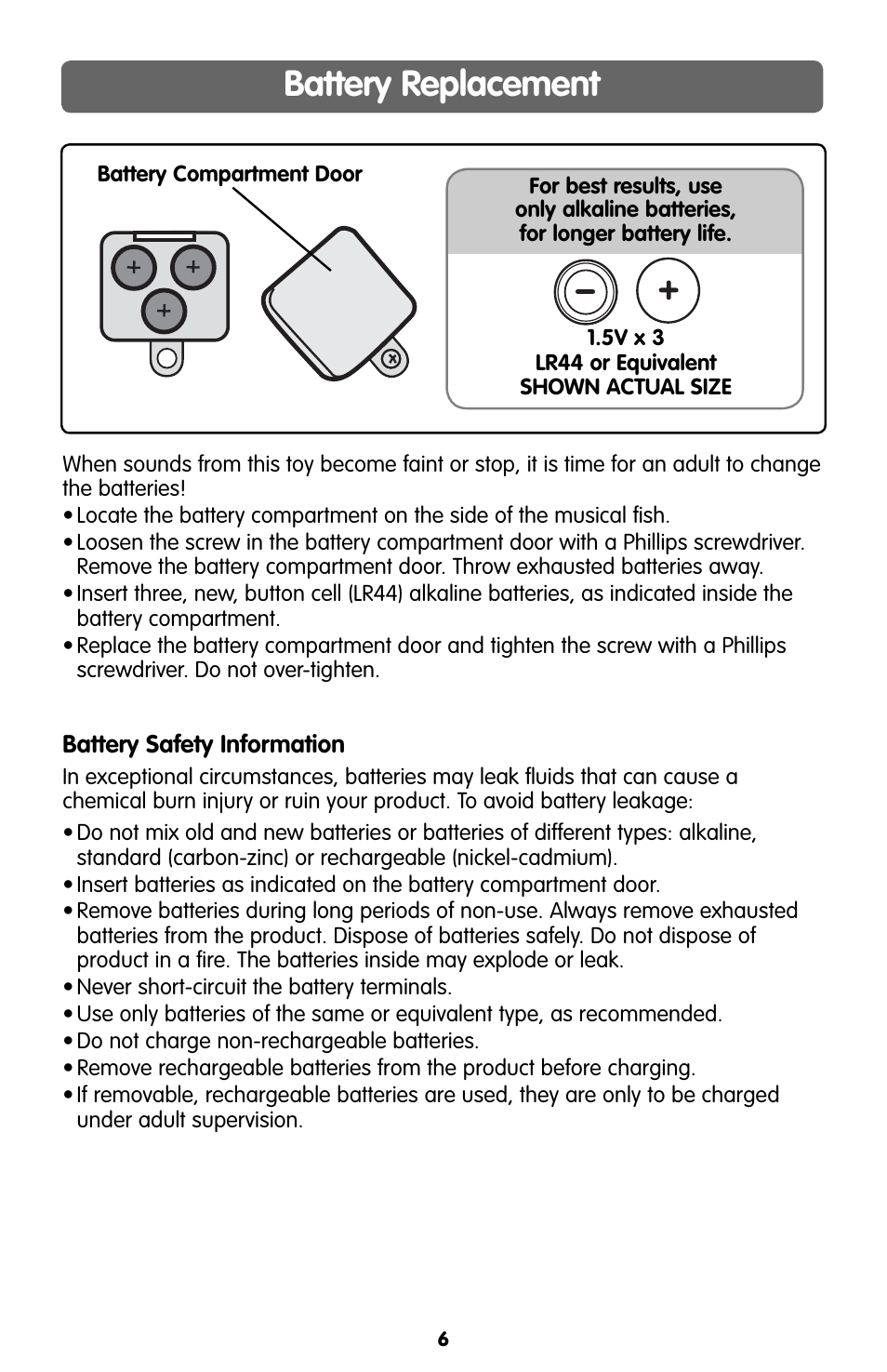 Battery replacement | Fisher-Price KICK'N CRAWL H8094 User Manual | Page 6 / 8