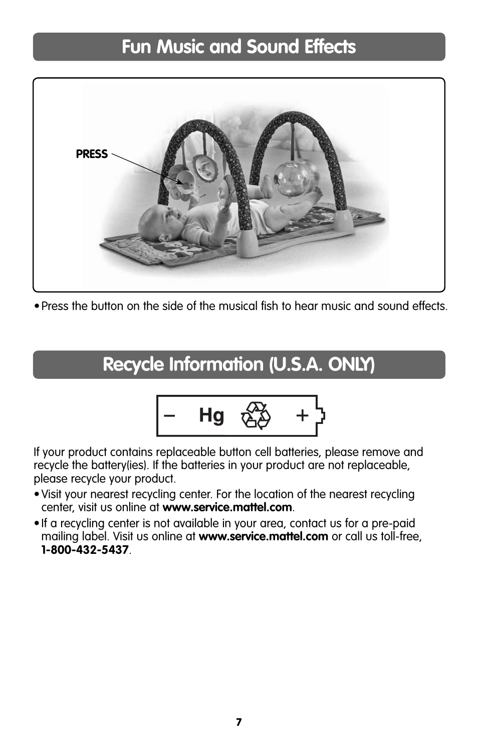 Recycle information (u.s.a. only), Fun music and sound effects | Fisher-Price KICK'N CRAWL H8094 User Manual | Page 7 / 8