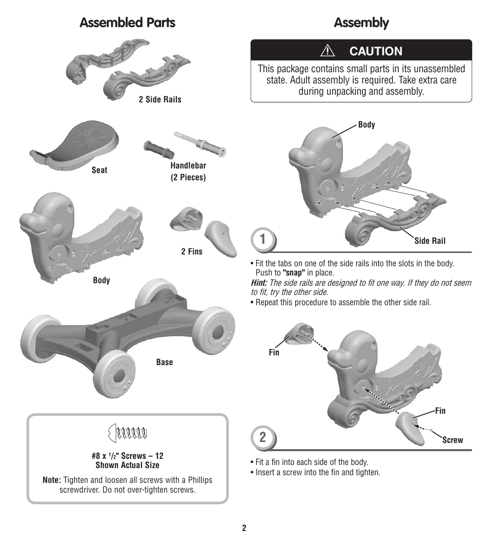 Assembly, Assembled parts, Caution | Fisher-Price T6075 User Manual | Page 2 / 6