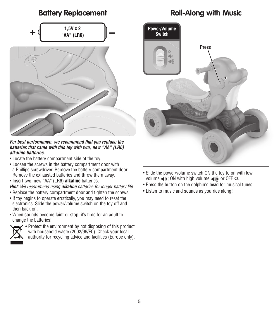 Battery replacement, Roll-along with music | Fisher-Price T6075 User Manual | Page 5 / 6