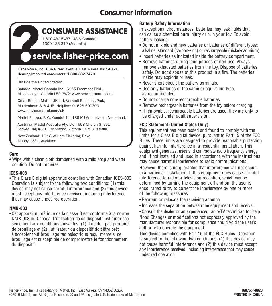 Consumer assistance, Consumer information | Fisher-Price T6075 User Manual | Page 6 / 6