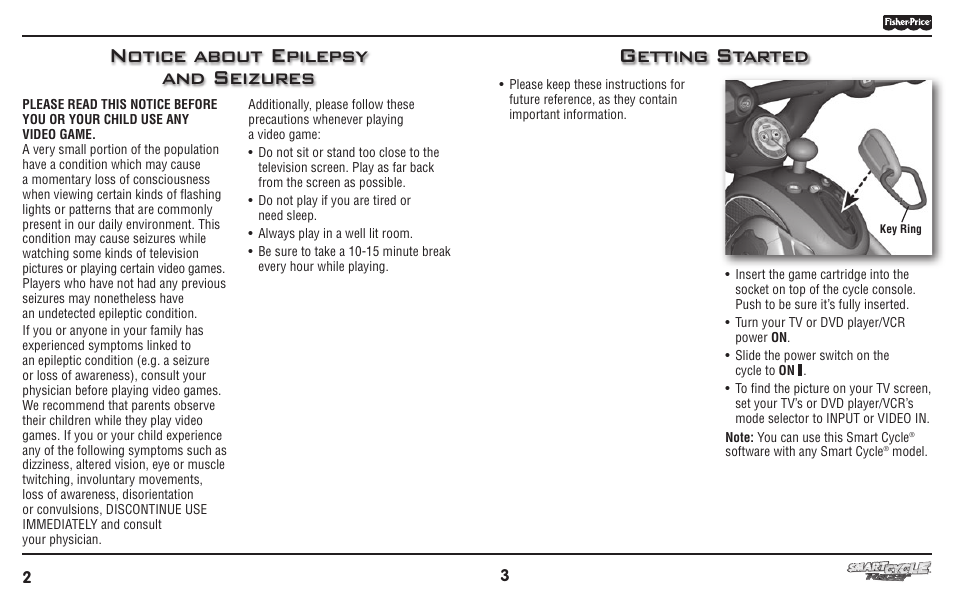 Notice about epilepsy and seizures getting started | Fisher-Price T3856 User Manual | Page 2 / 8