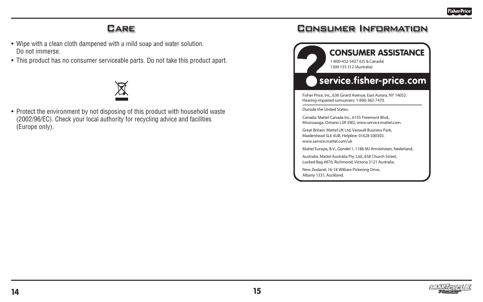 Care, Consumer information, Consumer assistance | Fisher-Price T3856 User Manual | Page 8 / 8