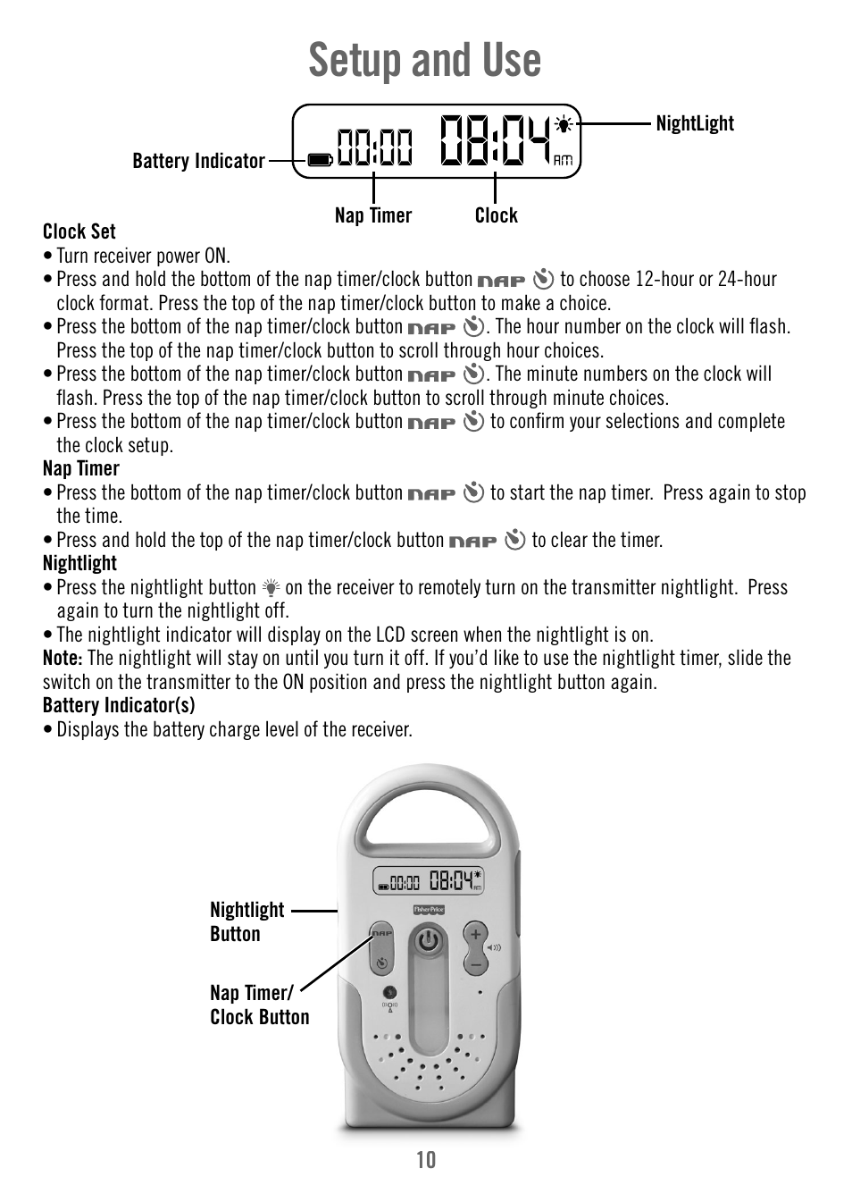 Setup and use | Fisher-Price T4841 User Manual | Page 10 / 16