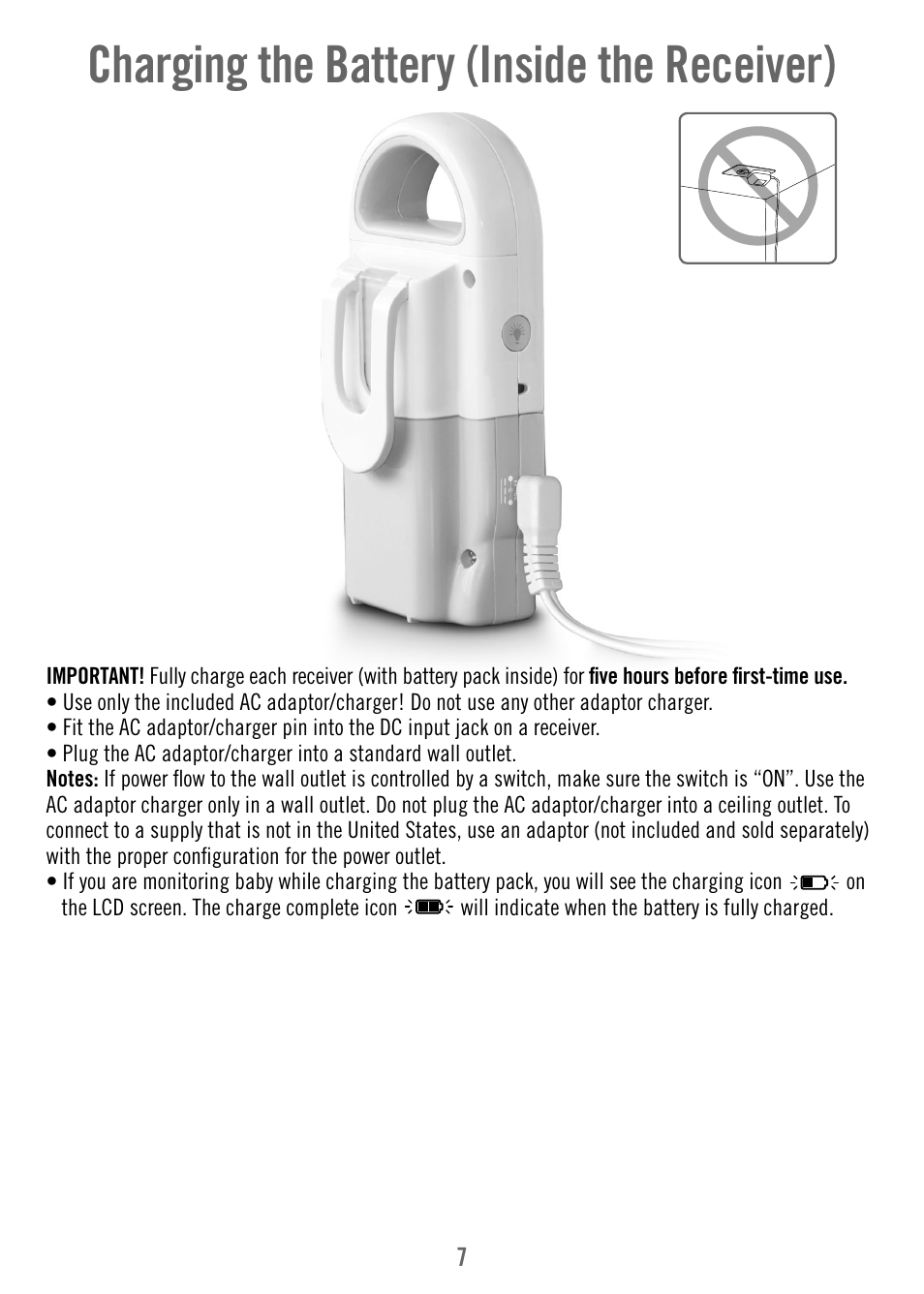 Charging the battery (inside the receiver) | Fisher-Price T4841 User Manual | Page 7 / 16