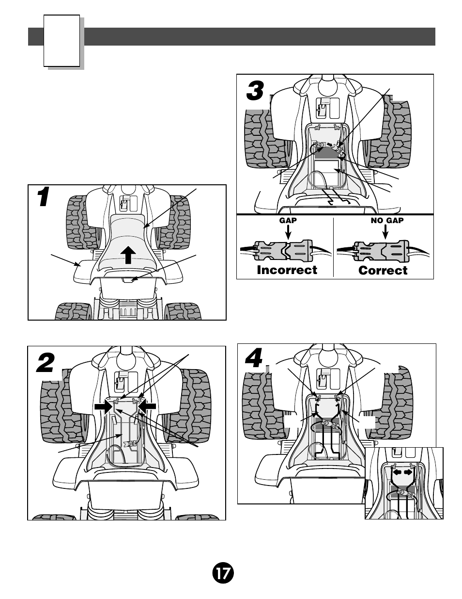 Battery installation, Incorrect correct | Fisher-Price KAWASAKI MOJAVE 78473 User Manual | Page 17 / 32