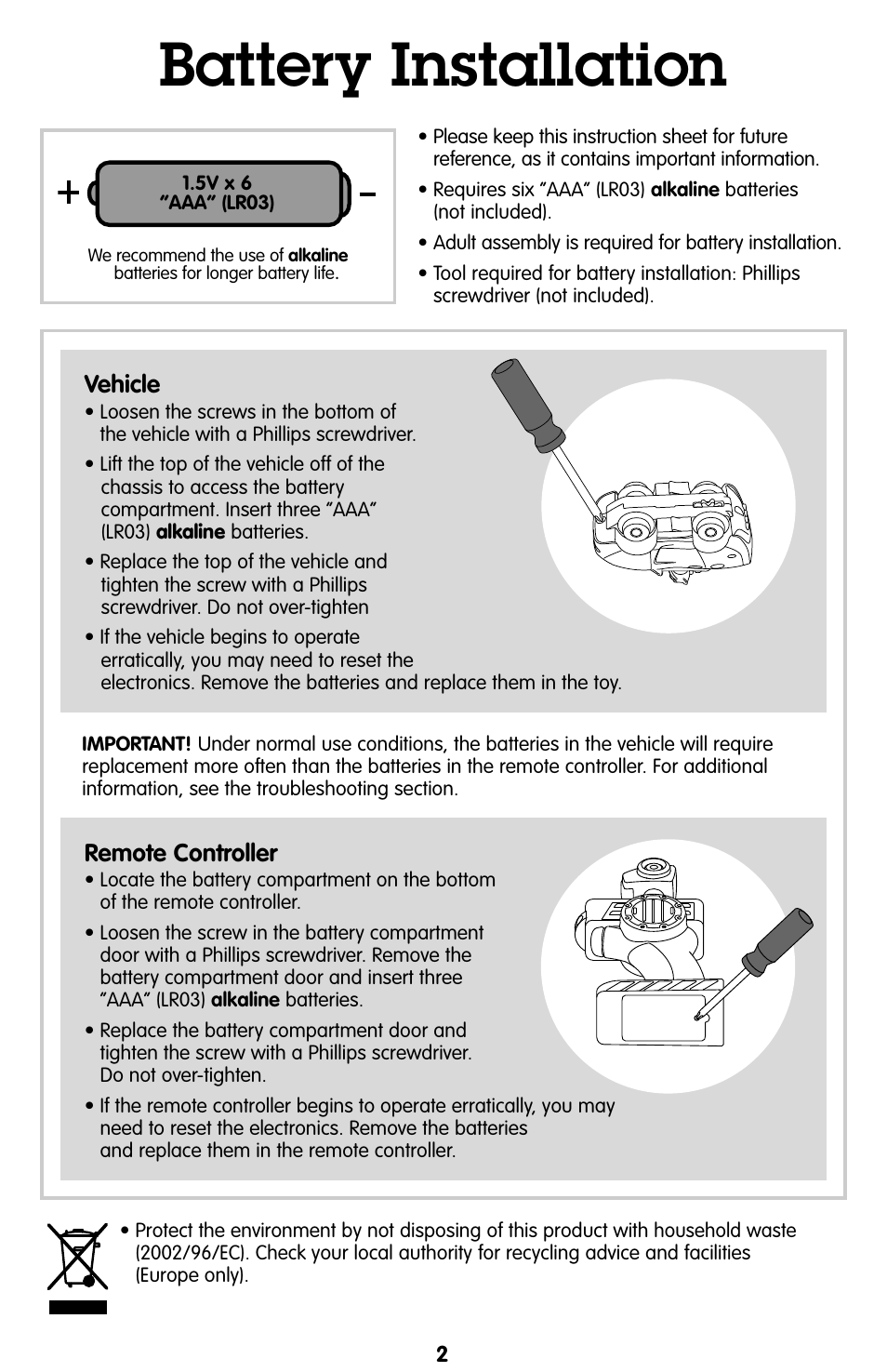 Battery installation | Fisher-Price GEOTRAX T7161 User Manual | Page 2 / 6