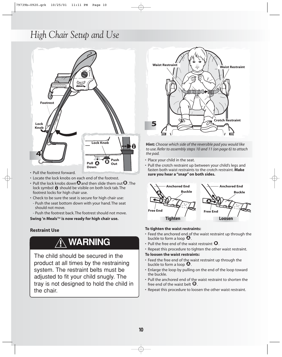 High chair setup and use, Warning | Fisher-Price SWING 'N MEALS 79739 User Manual | Page 10 / 14