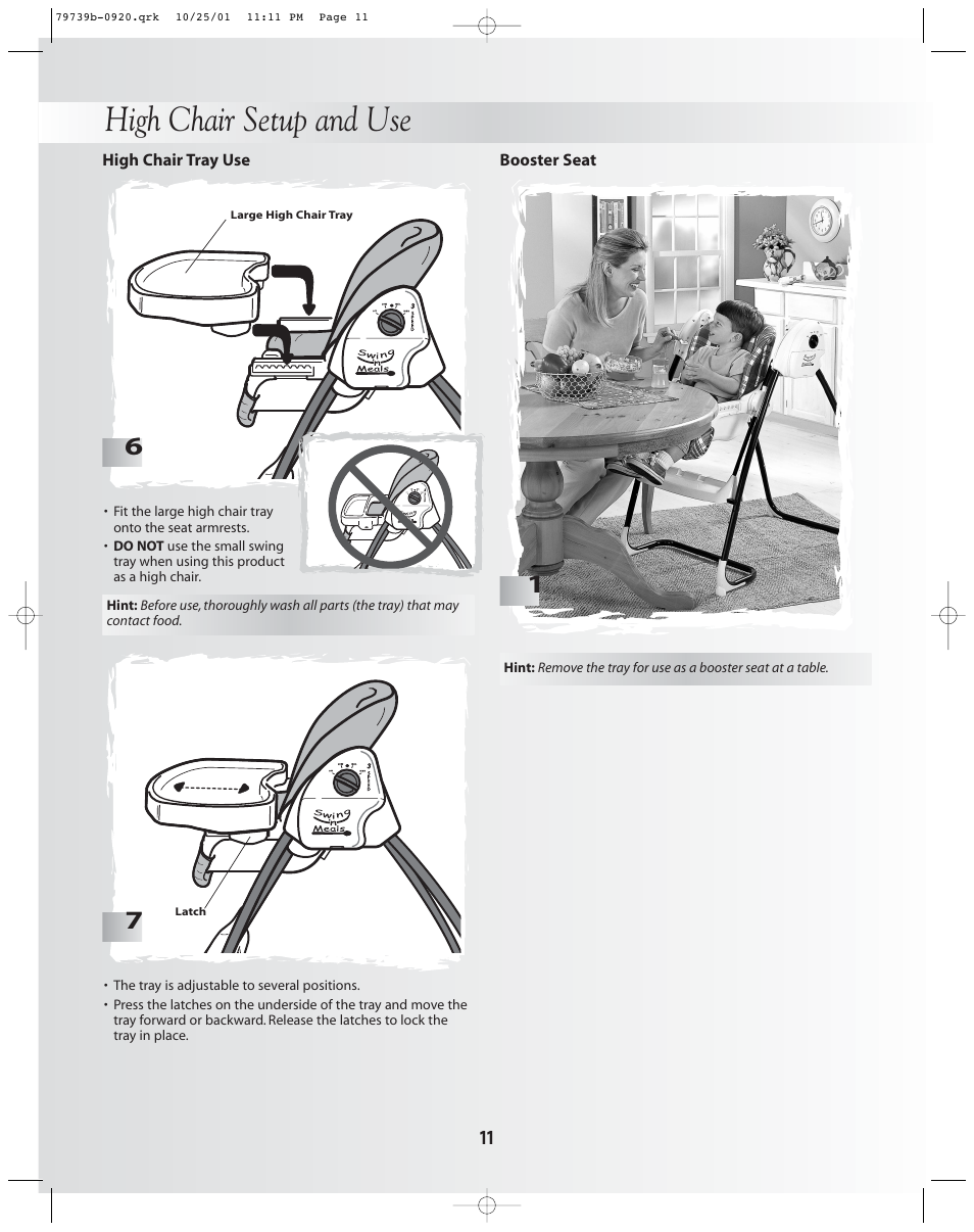 High chair setup and use | Fisher-Price SWING 'N MEALS 79739 User Manual | Page 11 / 14