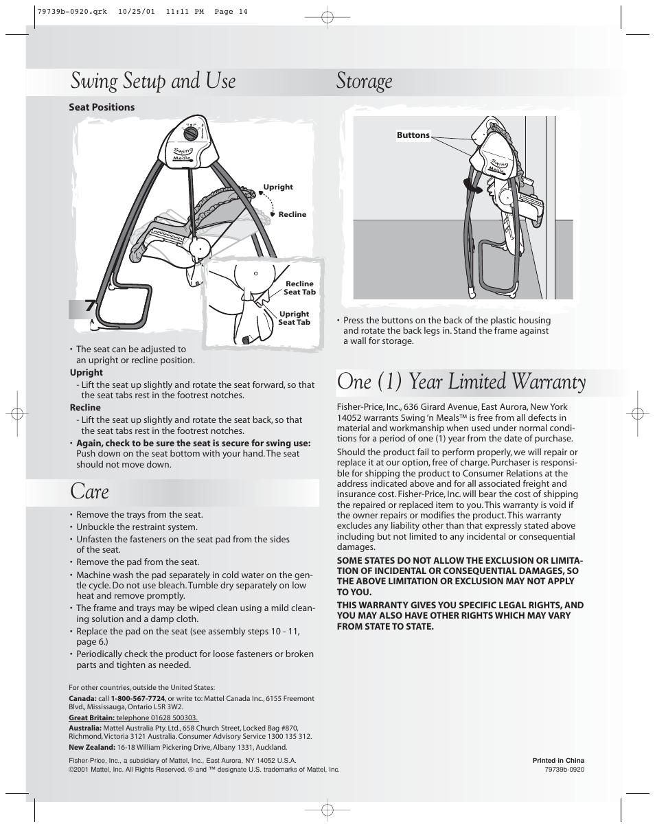 Fisher-Price SWING 'N MEALS 79739 User Manual | Page 14 / 14