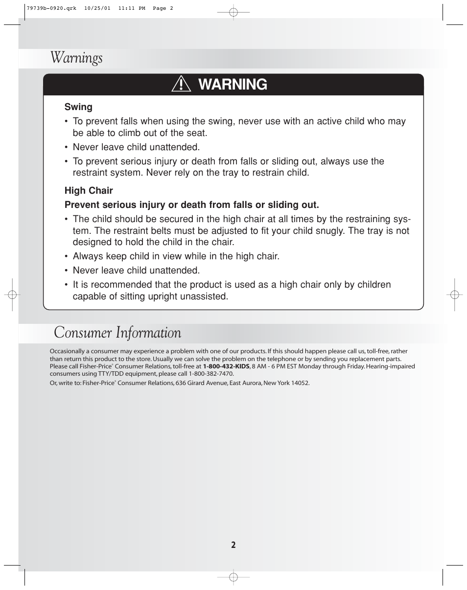 Warnings consumer information, Warning | Fisher-Price SWING 'N MEALS 79739 User Manual | Page 2 / 14
