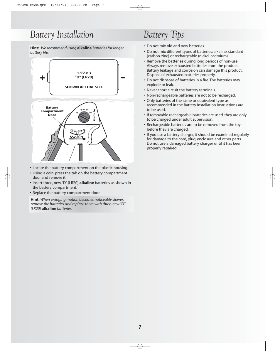 Battery installation battery tips | Fisher-Price SWING 'N MEALS 79739 User Manual | Page 7 / 14