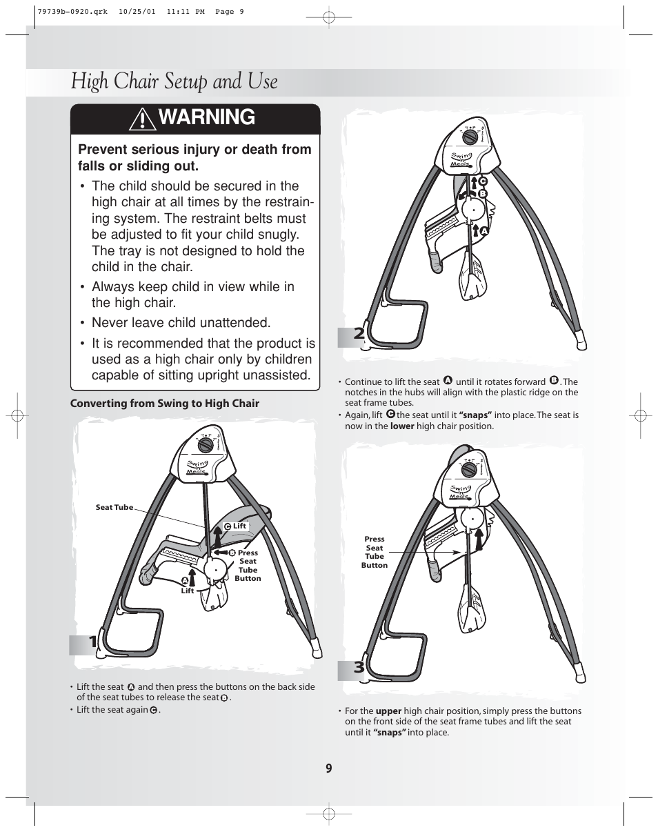High chair setup and use, Warning | Fisher-Price SWING 'N MEALS 79739 User Manual | Page 9 / 14