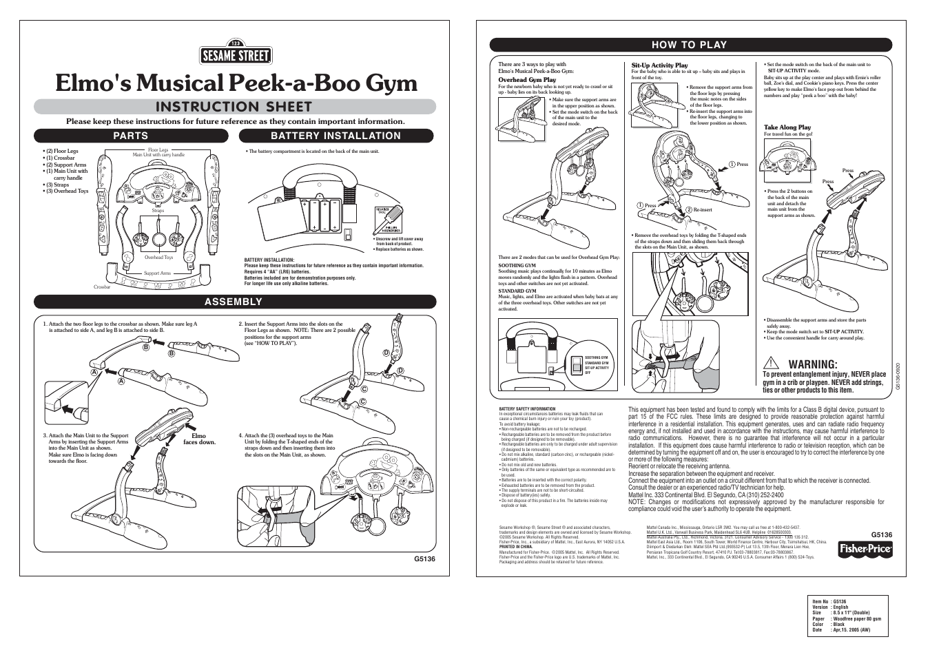 Fisher-Price G5136 User Manual | 1 page