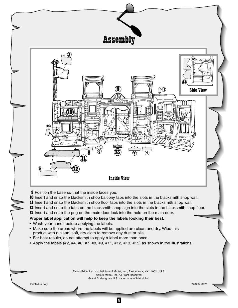 Assembly, Inside view side view | Fisher-Price FORT DAKOTA 77029 User Manual | Page 4 / 6