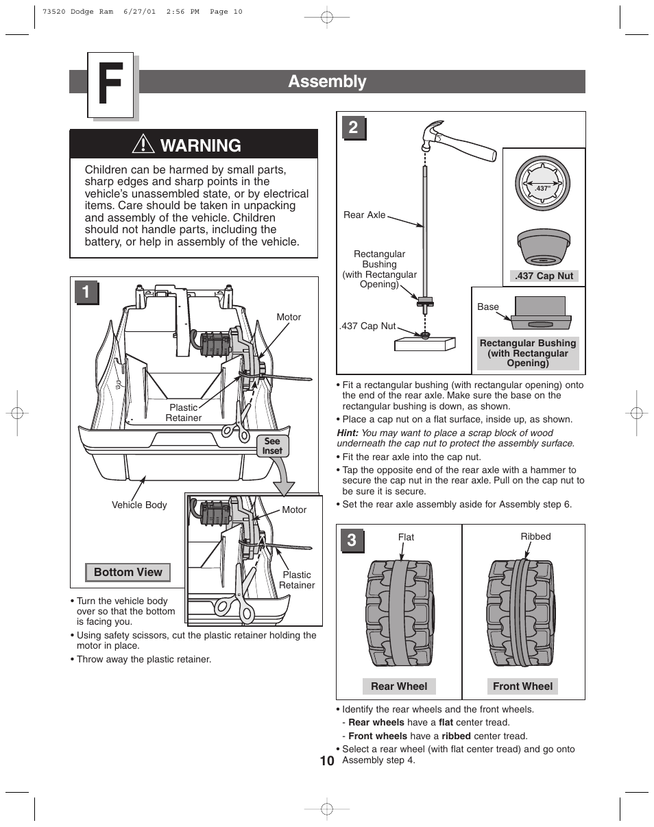 Assembly, Warning | Fisher-Price DODGE 73520 User Manual | Page 10 / 36