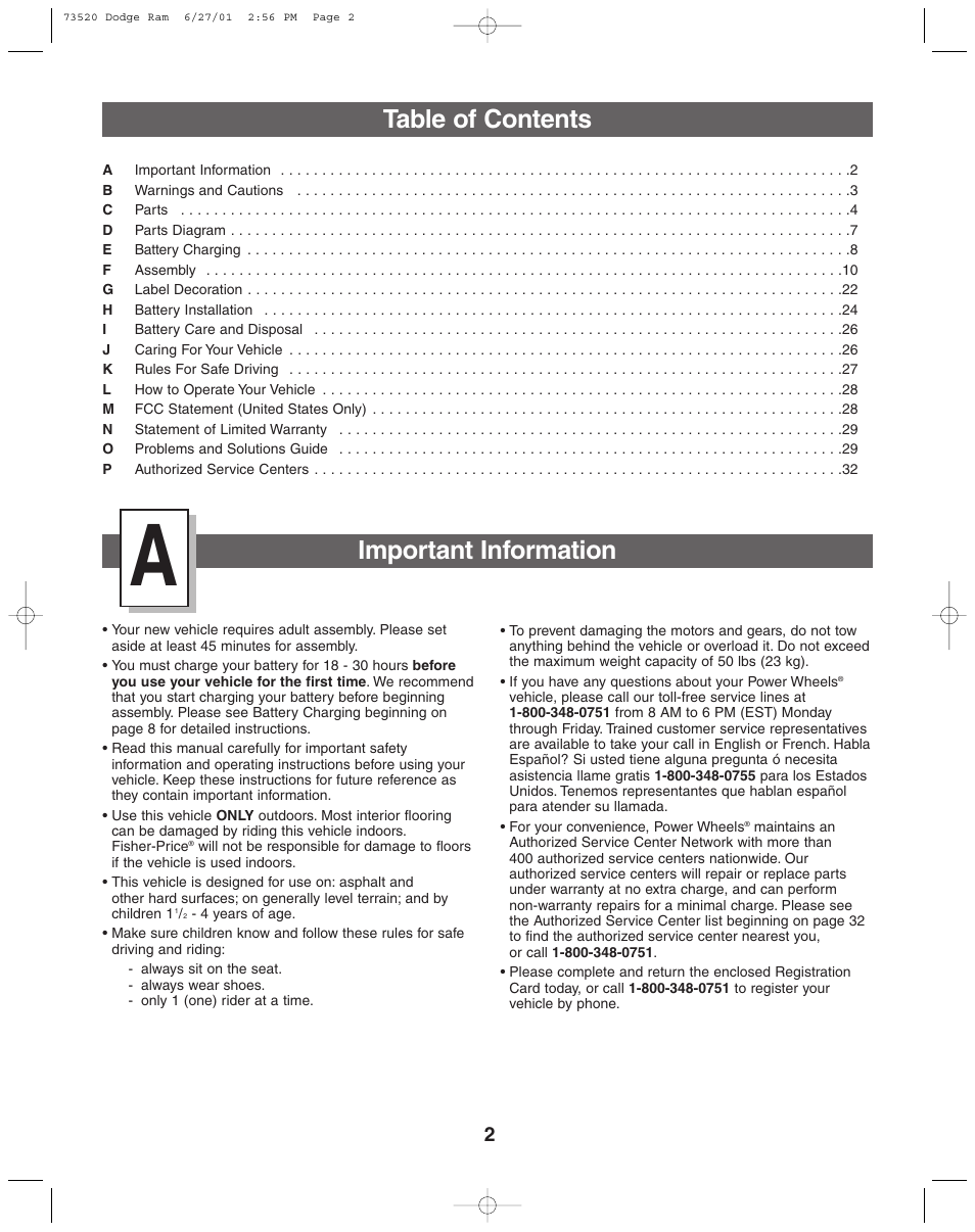 Table of contents important information | Fisher-Price DODGE 73520 User Manual | Page 2 / 36