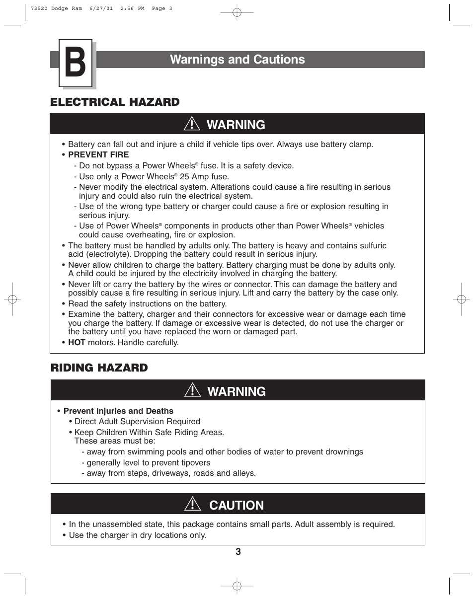 Caution, Warning, Warnings and cautions | Riding hazard, Electrical hazard | Fisher-Price DODGE 73520 User Manual | Page 3 / 36