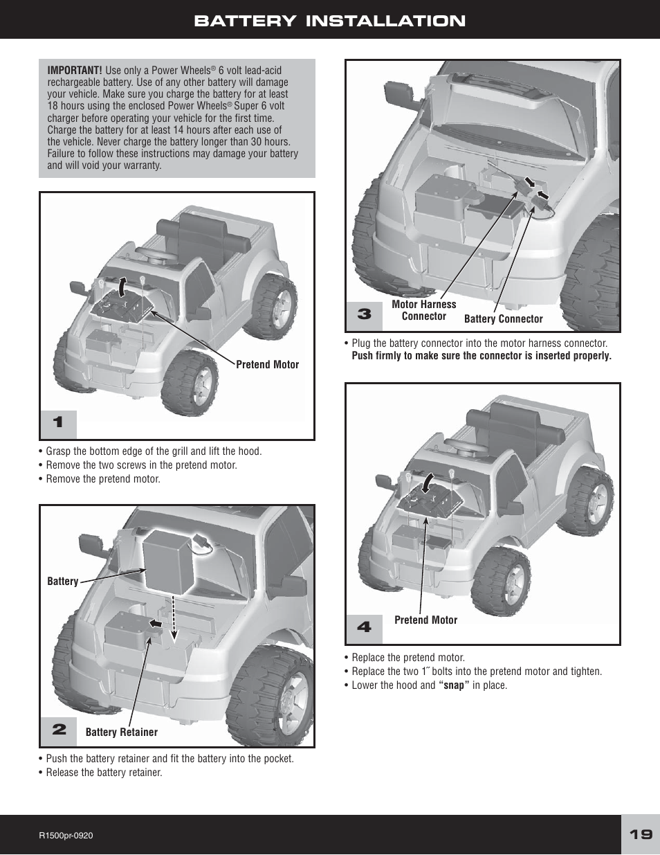 Battery installation | Fisher-Price F-150 User Manual | Page 19 / 28