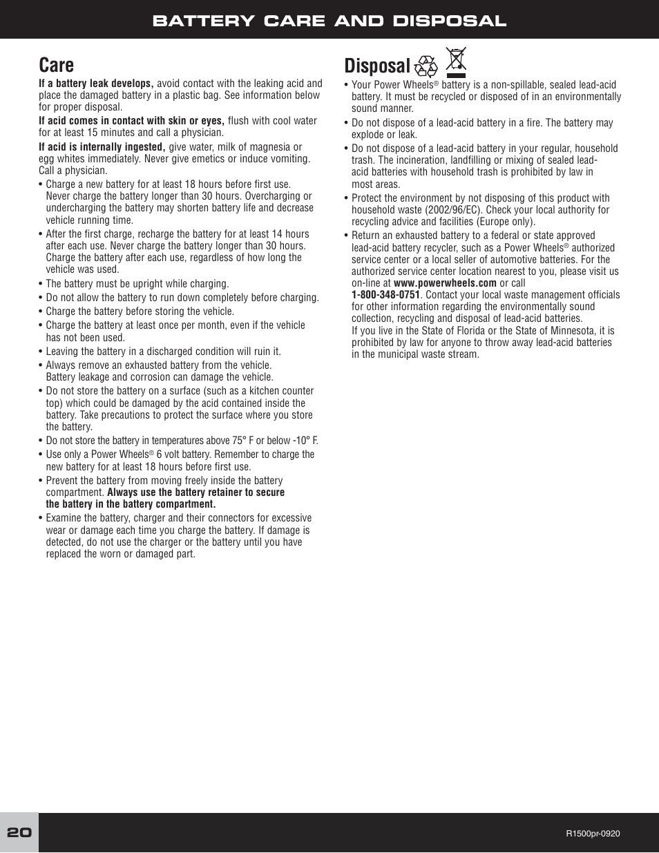 Care, Disposal, Battery care and disposal | Fisher-Price F-150 User Manual | Page 20 / 28