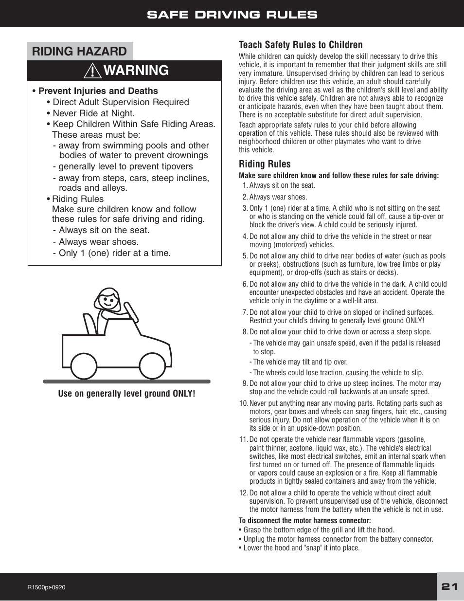 Warning, Riding hazard, Safe driving rules | Fisher-Price F-150 User Manual | Page 21 / 28