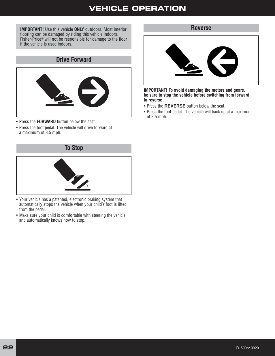 Vehicle operation, Drive forward to stop, Reverse | Fisher-Price F-150 User Manual | Page 22 / 28