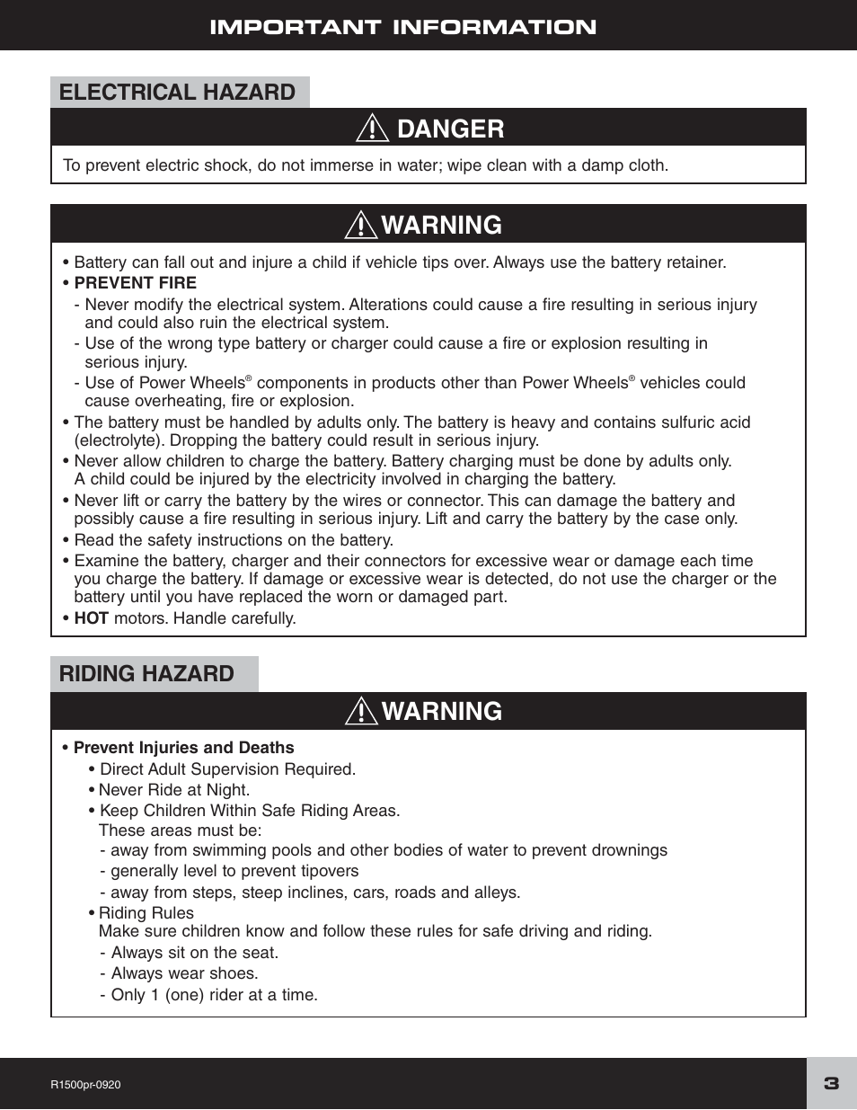 Warning, Warning danger, Electrical hazard | Riding hazard | Fisher-Price F-150 User Manual | Page 3 / 28